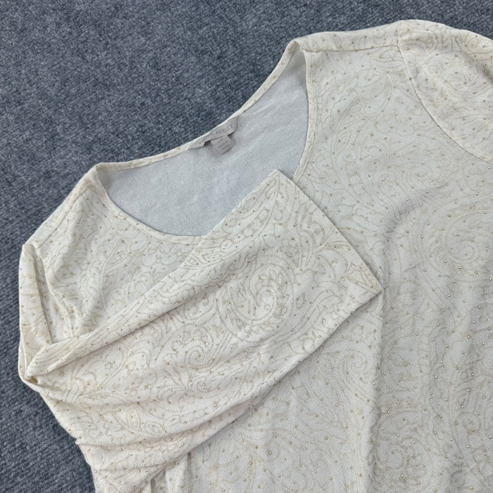 Laura Ashley Top 2X Ivory Gold Paisley Metallic Ruched Side Blouse Womens